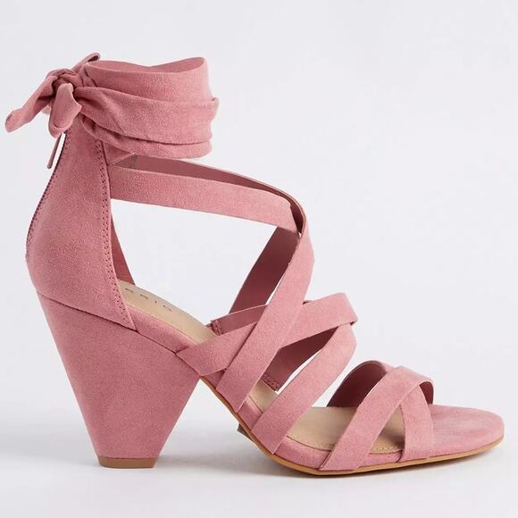 New Torrid 8WW Sexy Strappy Cone Heel Faux Suede Rose Pink 3.5" Heels Shoes - Picture 4 of 5